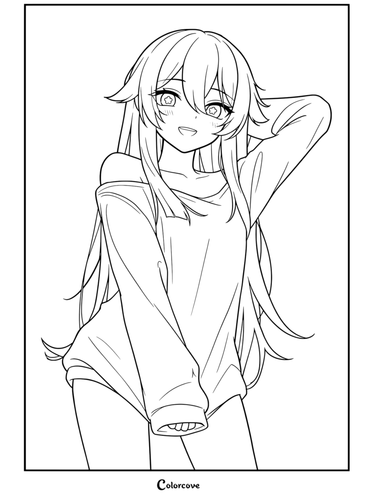 Dibujo para colorear imprimible para fans de Chicas Anime de una chica anime con cabello largo y ojos rojos en suéter gris oversize con hombros descubiertos, sonriendo tímida.