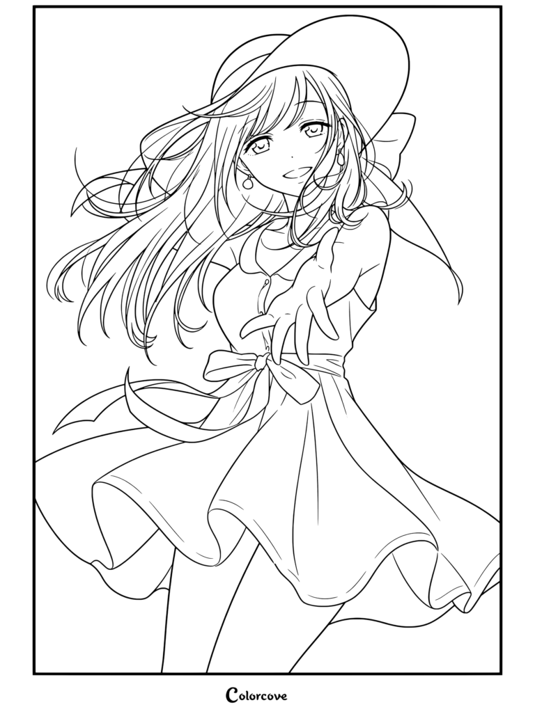 Un dibujo para colorear imprimible de una chica anime con vestido de verano y sombrero, extendiendo una mano.