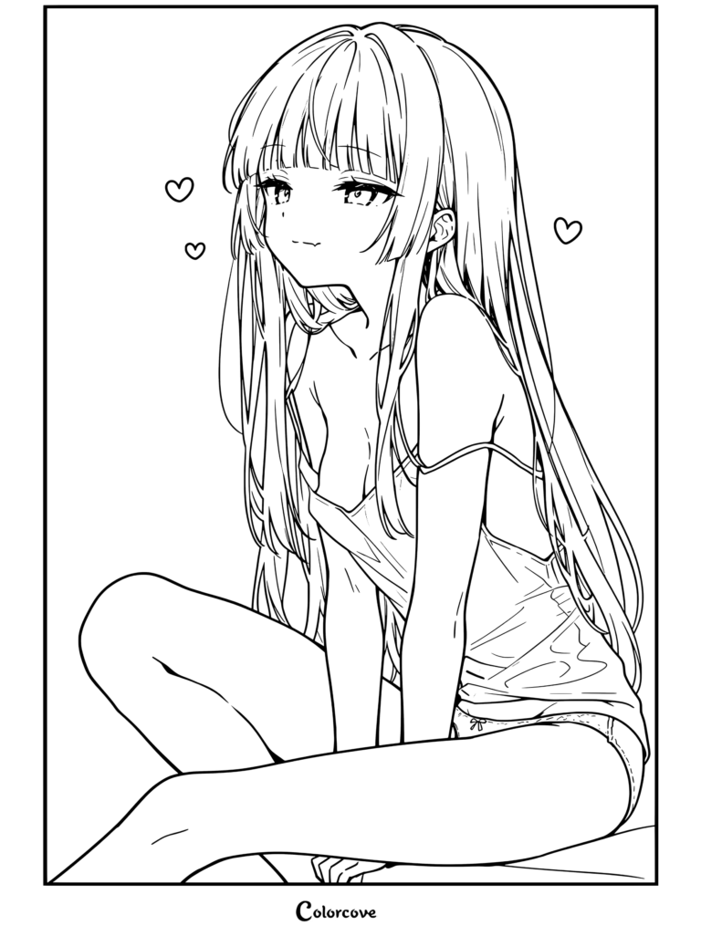 Dibujo para colorear de una chica anime de pelo largo y flequillo con camiseta de tirantes sonrojada con corazones alrededor para entusiastas de las Chicas Anime