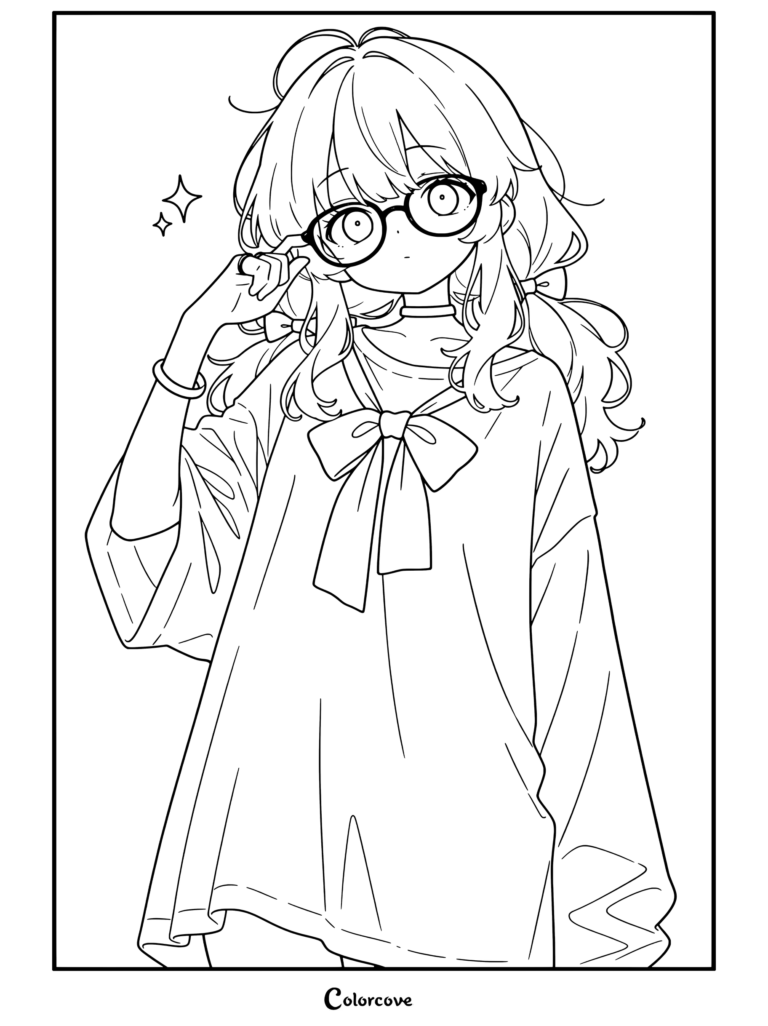 Dibujo para colorear para niños y adultos de Chicas Anime con una chica anime de pelo degradado rosa y azul, camiseta blanca oversize, lazo negro y gafas.