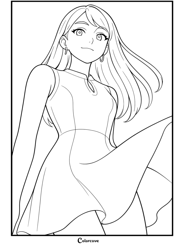 Dibujo para colorear de una chica anime de pelo rosa y ojos morados con vestido rosa sin mangas sonriendo en contrapicado para niños y fans de las Chicas Anime
