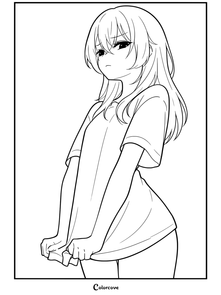 Dibujo para colorear de Chicas Anime con una chica anime de cabello rosa en camiseta blanca oversize bajándose el dobladillo, sonrojada y mirando tímida a un lado.