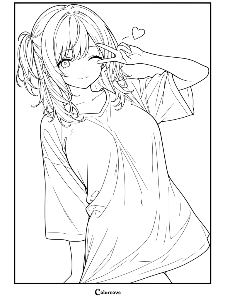 Dibujo para colorear gratis de una chica anime de pelo rosa guiñando un ojo y haciendo el signo de la paz con camiseta blanca oversize para niños y adultos, con Chicas Anime.