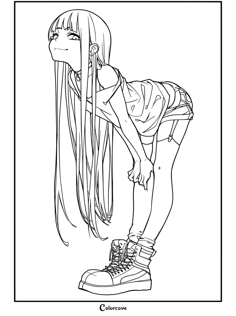 Dibujo para colorear gratis para fans de Chicas Anime de una chica anime de largo cabello morado y amarillo inclinándose hacia adelante con sonrisa pícara, top negro, shorts y botas altas.
