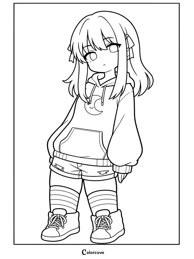 Dibujo para colorear gratis e imprimible de una chica anime con cabello morado degradado en las puntas, sudadera lila con luna y medias altas a rayas para fans de Chicas Anime.