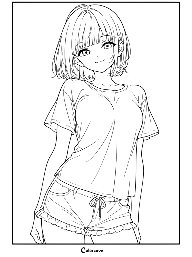 Dibujo para colorear de Chicas Anime con una chica anime de pelo corto rubio, camiseta rosa y shorts celestes sonriendo suavemente.