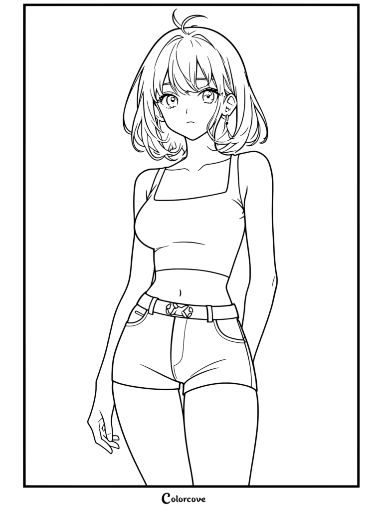Dibujo para colorear para fans de Chicas Anime de una chica anime de pelo corto rosa con top corto rosa y shorts negros.