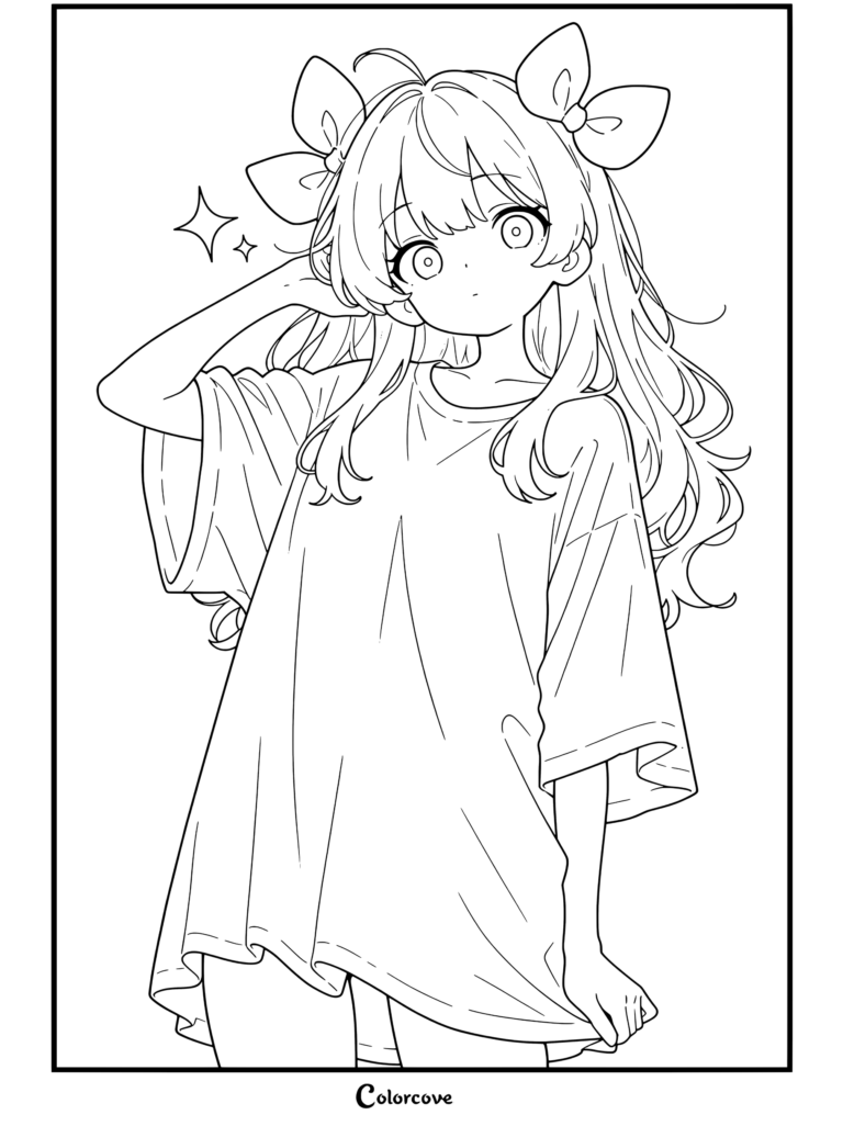 Dibujo para colorear para fans de Chicas Anime de una chica anime con lazos blancos y verdes en el pelo, camiseta blanca oversize y destellos brillantes.