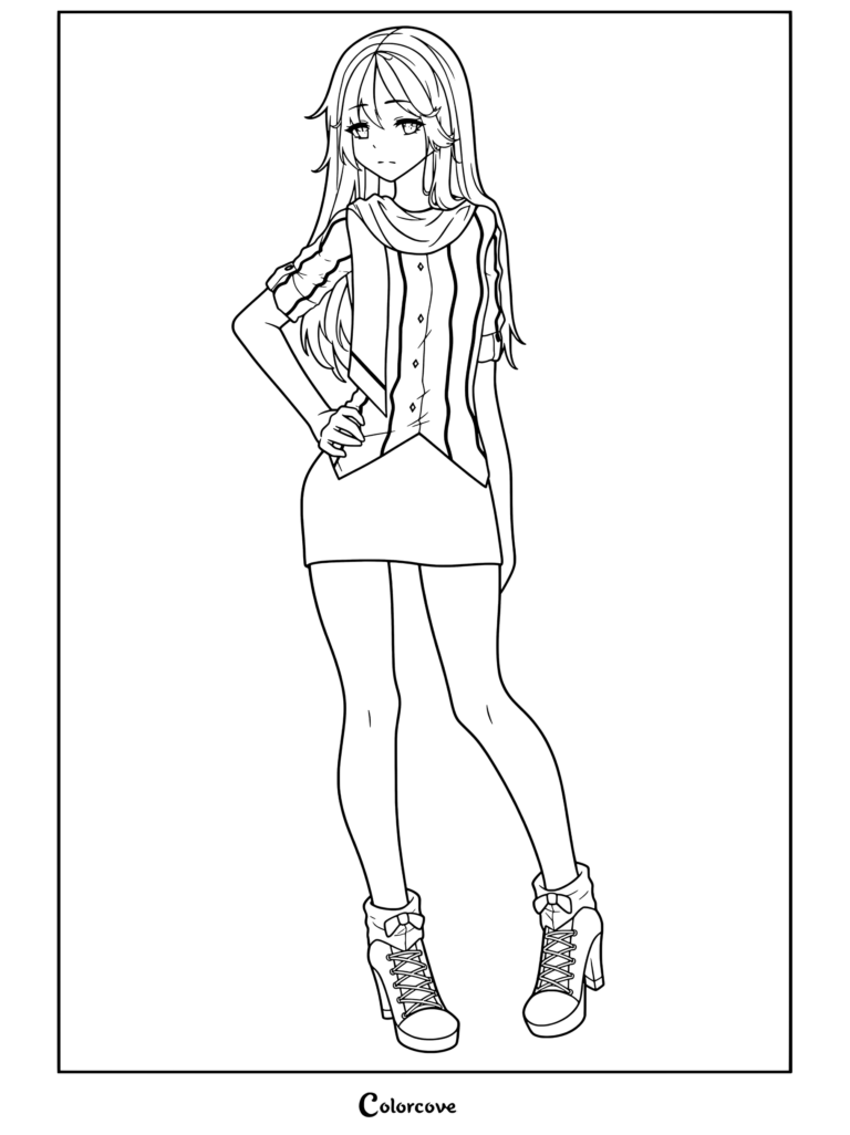 Dibujo para colorear de Chicas Anime con un personaje elegante en chaleco y botas acordonadas.