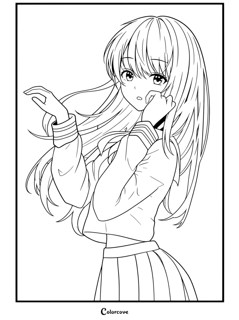 Dibujo para colorear gratis de Chicas Anime con una estudiante de uniforme con largo cabello rubio de pie entre estanterías de una biblioteca.