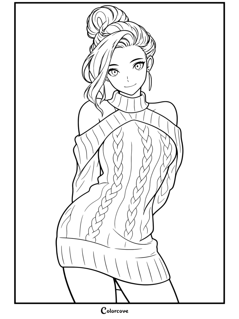 Dibujo para colorear de una mujer anime rubia con moño vistiendo un vestido suéter rosa de cuello alto con hombros descubiertos, ideal para amantes de Chicas Anime.