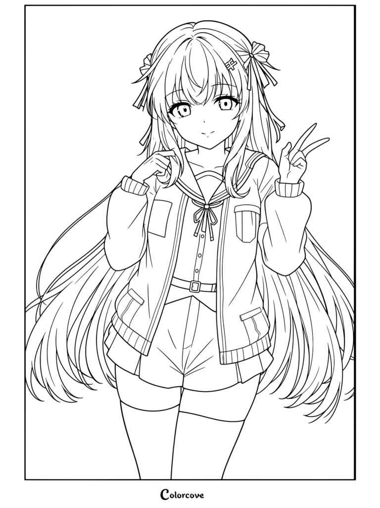 Cautivadora chica anime que irradia alegría con atuendo casual haciendo el signo de la paz en este dibujo para colorear gratis de Chicas Anime.