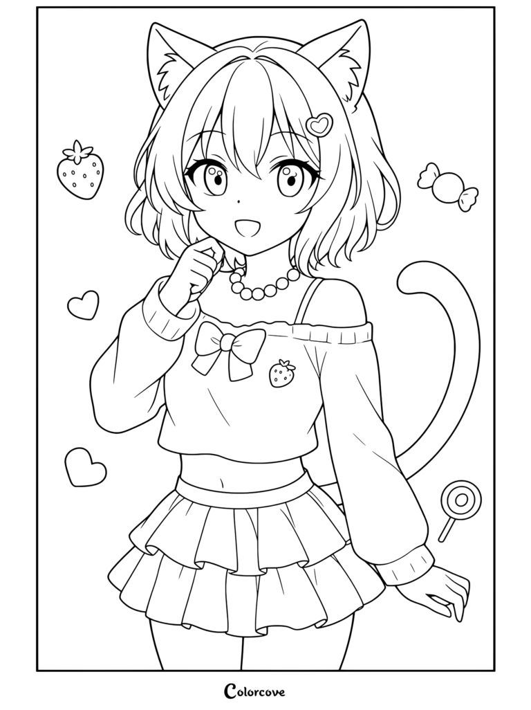 Dibujo para colorear gratis de una linda chica gato de anime con pelo rosa y orejas de gato, top rosa pastel y falda menta rodeada de fresas, corazones y dulces para dibujos para colorear de Chicas Anime.