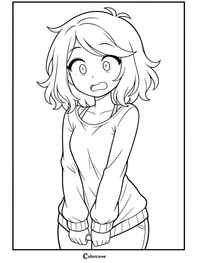 Dibujo para colorear gratis de una linda chica anime con cabello azul y expresión sonrojada en suéter azul de manga larga, ideal para fans de Chicas Anime.