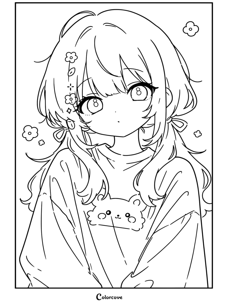 Lindo dibujo para colorear de una chica anime con cabello gris claro en dos coletas, luciendo un suéter pastel con estampado de oso rosa y expresión sonrojada.