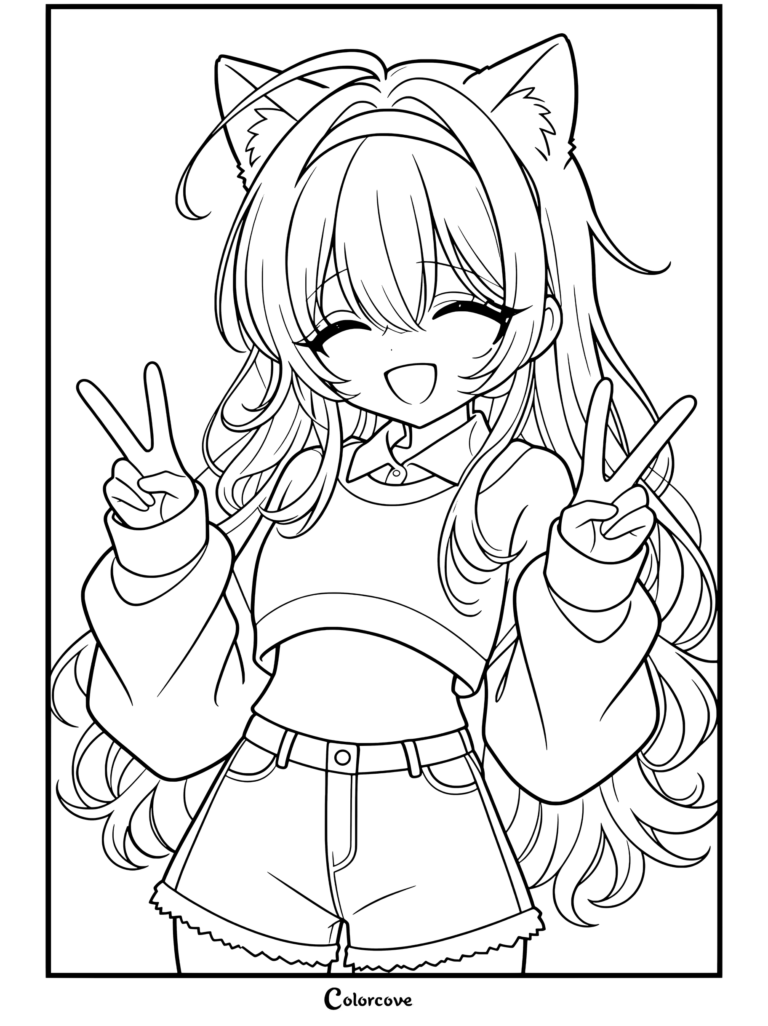 Dibujo para colorear para niños y adultos de una linda chica anime de pelo blanco y orejas de gato haciendo el signo de la paz, con top corto y vaqueros.