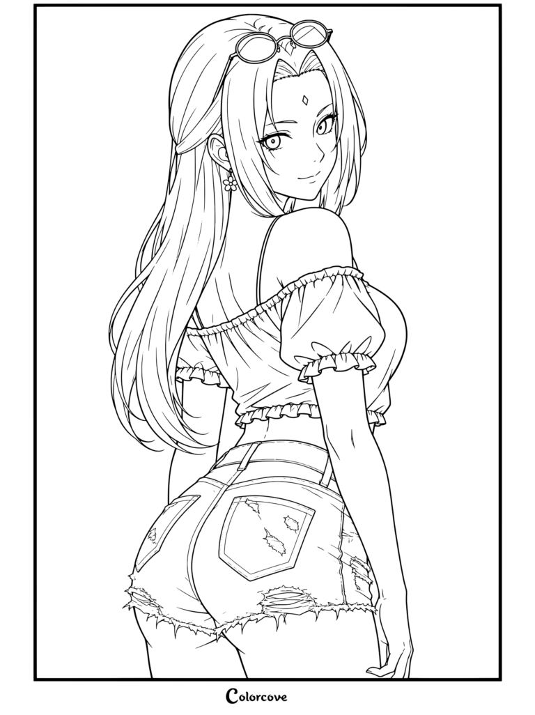 Dibujo para colorear de Chicas Anime con Tsunade de cabello rubio y gafas de sol, vistiendo top corto con hombros descubiertos y shorts vaqueros rasgados mirando sobre el hombro.