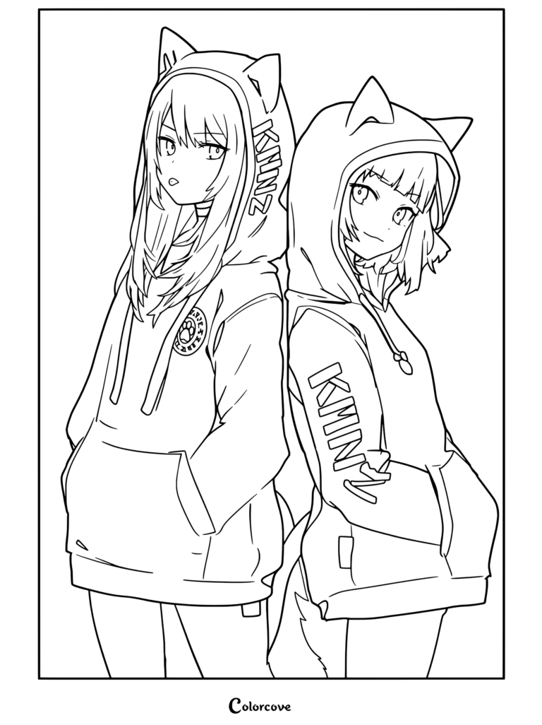 Dibujo para colorear gratis e imprimible de dos Chicas Anime con sudaderas de orejas de gato posando espalda con espalda.