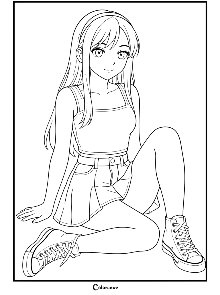 Dibujo para colorear de Chicas Anime con una chica anime rubia de ojos verdes sentada en el suelo apoyada en la pared con camiseta blanca de tirantes, falda vaquera y zapatillas blancas.