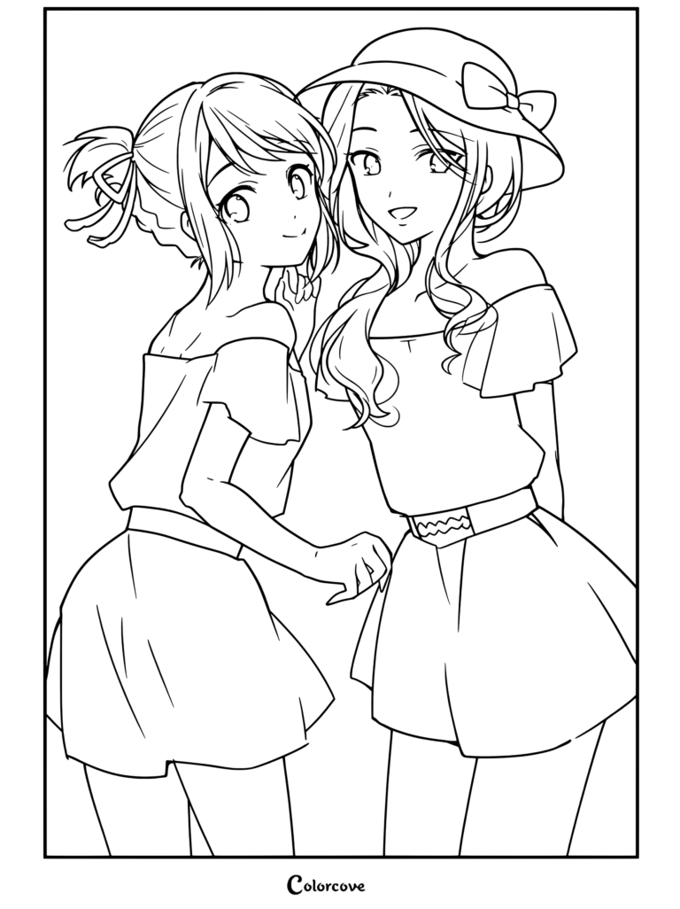 Dibujo para colorear imprimible de dos Chicas Anime de cabello oscuro vistiendo tops y faldas a juego con hombros descubiertos, tomadas de la mano.