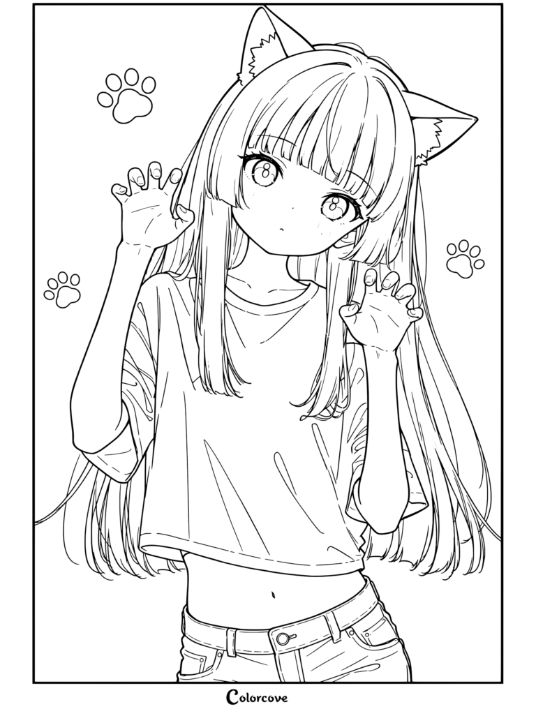 Dibujo para colorear gratis e imprimible de una chica gato de anime con pelo largo haciendo el gesto de garrita, vestida con top corto y vaqueros con huellas al fondo para fans de Chicas Anime.