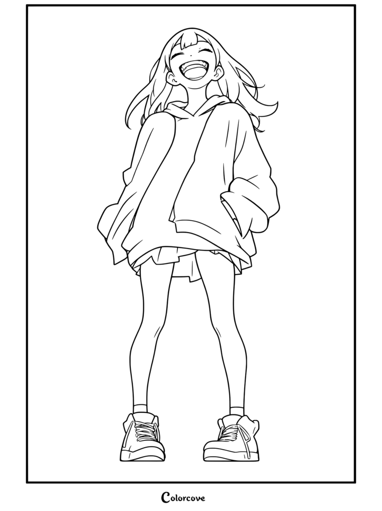 Dibujo para colorear imprimible para fans de Chicas Anime de una chica anime de pelo negro y gran sonrisa con chaqueta negra oversize y zapatillas rosas.