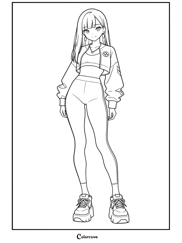 Dibujo para colorear de una chica anime con pelo negro y ojos azules vestida con chaqueta corta azul, top deportivo blanco y mallas blancas a juego con rayas azules.