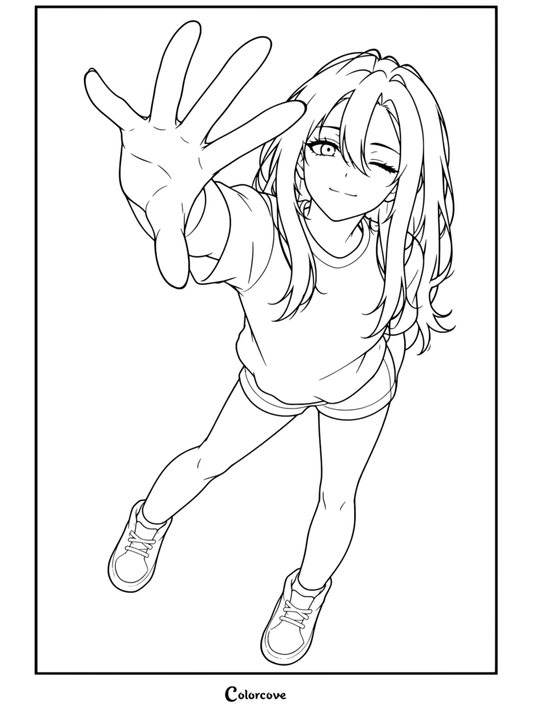 Dibujo para colorear imprimible gratis de una chica anime de pelo negro y ojos dorados extendiendo la mano hacia la cámara con camiseta gris y pantalones cortos blancos para niños y adultos