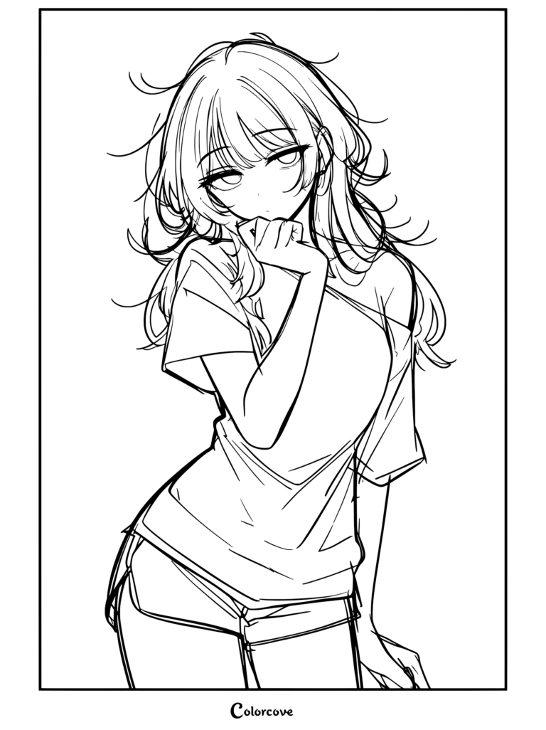 Dibujo para colorear de una chica anime de pelo negro y ojos soñolientos con camiseta negra con hombros al aire y pantalones cortos posando con la mano en la barbilla para Chicas Anime.