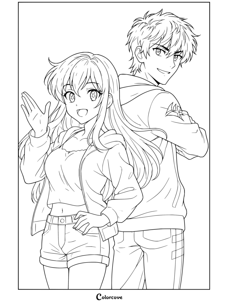 Coloriage représentant Aphmau et Aaron Lycan se tenant dos à dos en souriant.