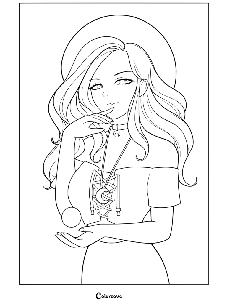 Coloriage de Lucinda représentant la sorcière tenant un orbe magique avec un collier de lune croissante.