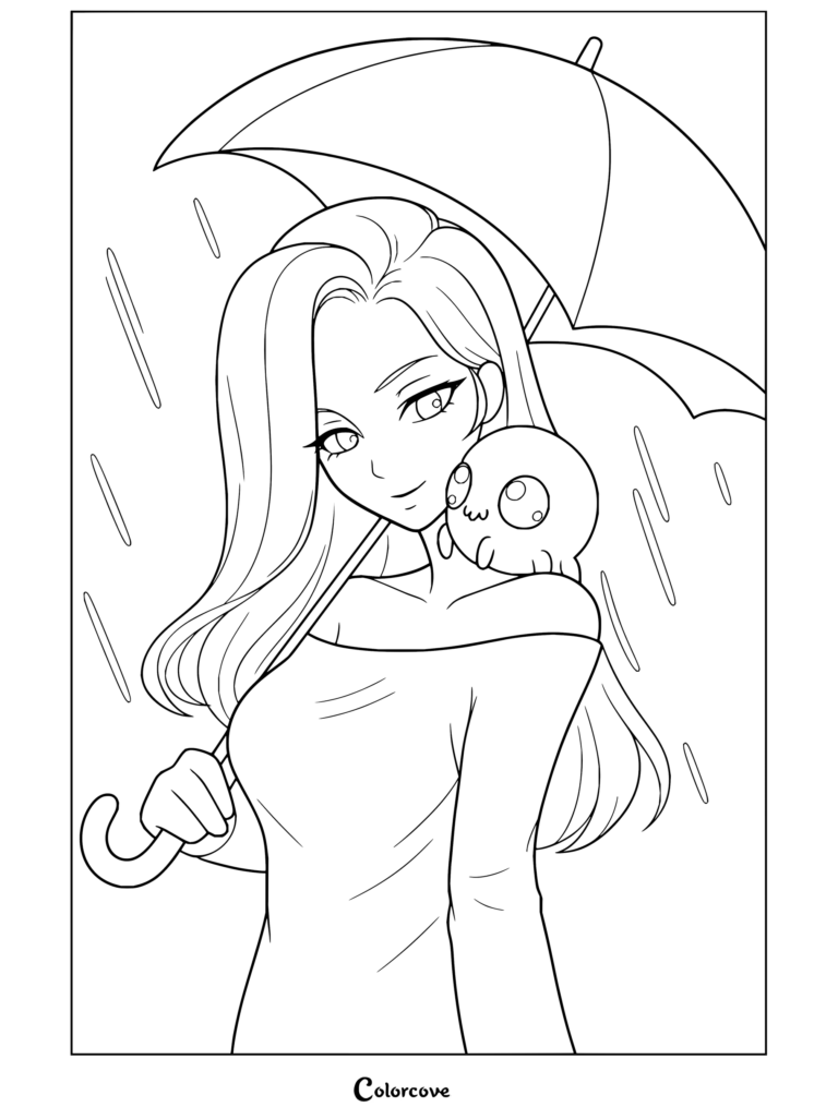 Coloriage à imprimer de Lucinda d'Aphmau tenant un parapluie sous la pluie avec une petite créature sur son épaule.