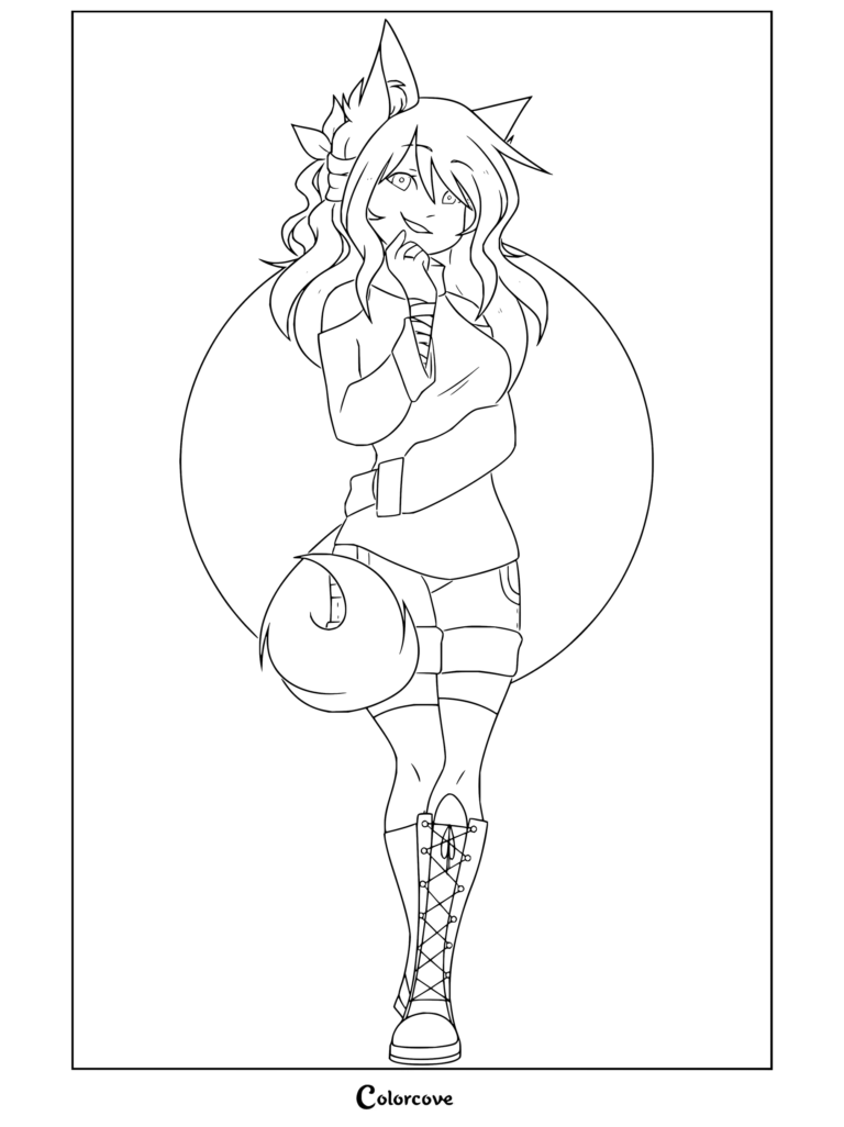 Coloriage Aphmau montrant le personnage avec des oreilles de renard, une queue touffue et des bottes à lacets sur fond de pleine lune.