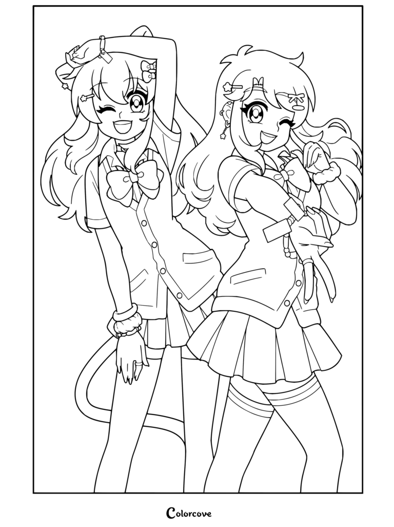 Coloriage d'Aphmau et Kawaii~Chan mettant en scène deux filles anime en uniformes scolaires prenant des poses adorables.