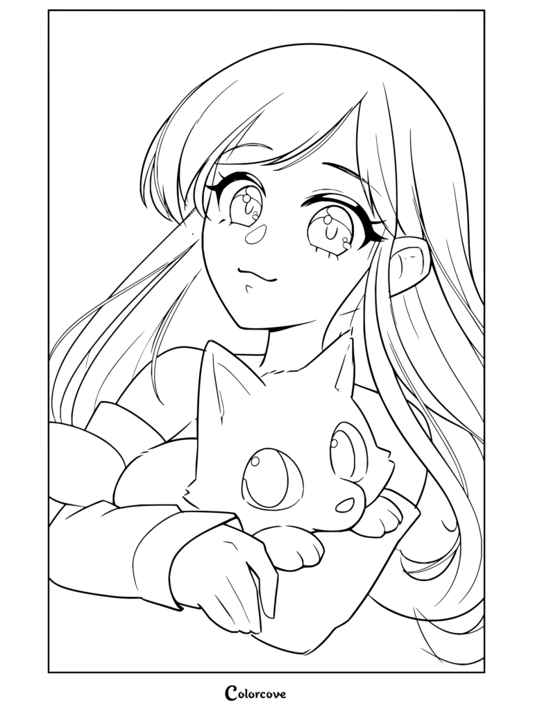 Coloriage d'Aphmau avec un petit loup, montrant le personnage souriant tenant un adorable louveteau.