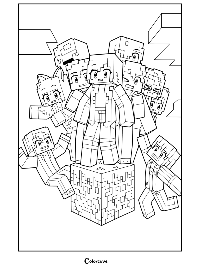 Coloriage d'Aphmau et ses amis serrés en équilibre sur un unique bloc d'herbe flottant dans le ciel.