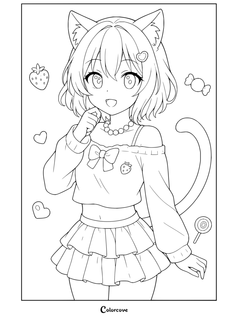 Coloriage gratuit d'Aphmau mettant en scène une fille-chat anime aux cheveux et oreilles roses, portant un crop top rose pastel à épaules dénudées et une jupe menthe, entourée de fraises et de cœurs.