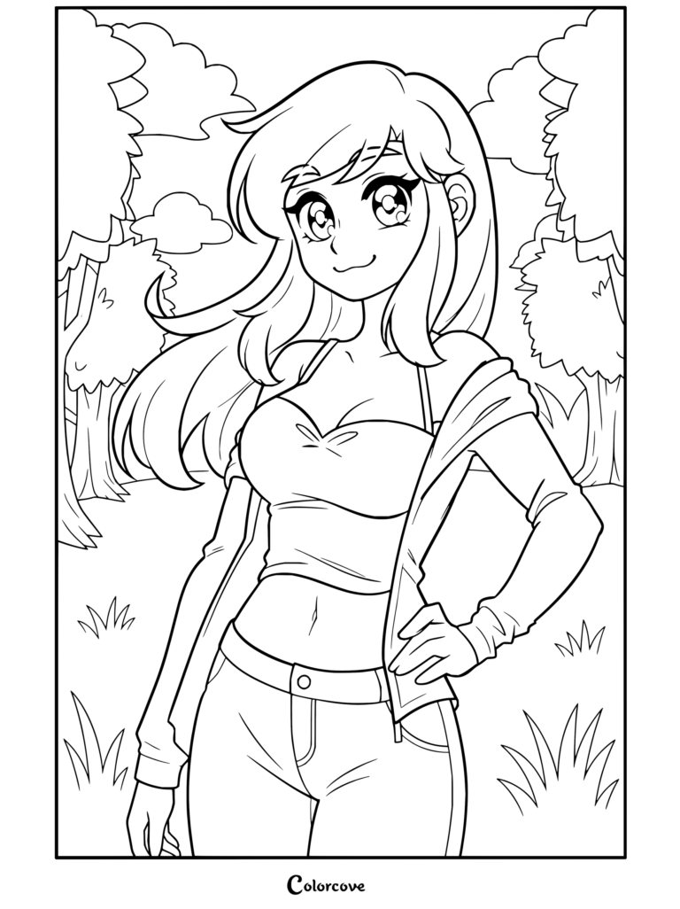 Coloriage à imprimer d'Aphmau en fille anime brune au teint hâlé, portant un crop top blanc et une veste violette dans un parc boisé ensoleillé.
