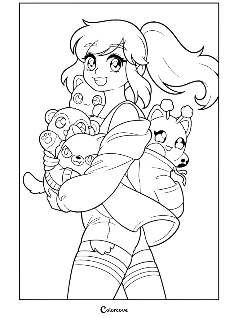 Personnage d'Aphmau aux cheveux violets tenant plusieurs peluches mignonnes devant des étagères, à découvrir dans un coloriage gratuit à imprimer.