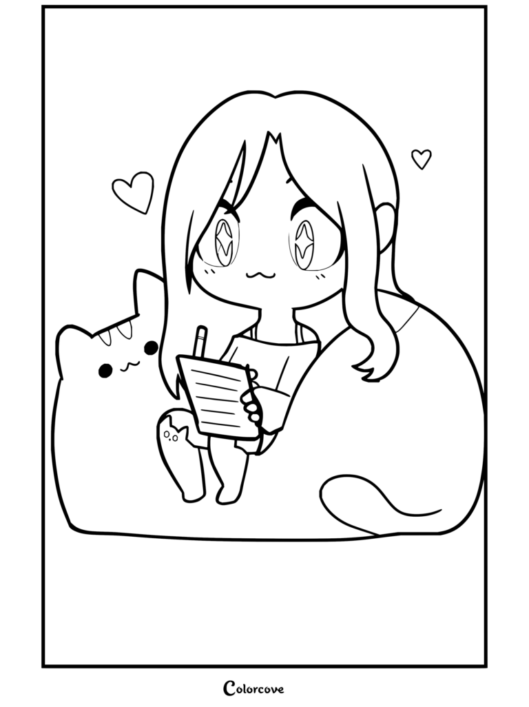 Aphmau écrivant sur un bloc-notes tout en reposant sur un chat géant dans ce coloriage gratuit à imprimer.