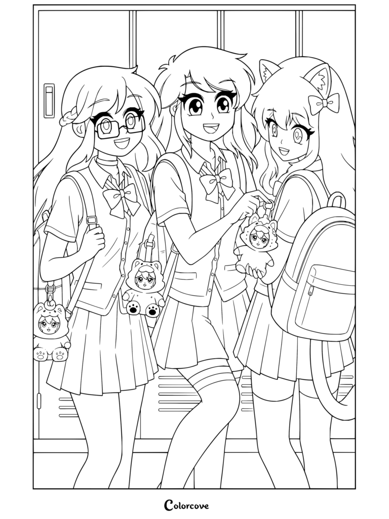 Coloriage Aphmau mettant en scène les personnages Ein, Lucia et Katelyn en uniformes de lycée style anime près de casiers.