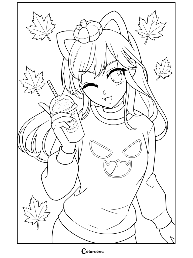 Coloriage d'Aphmau représentant une fille mignonne avec des oreilles de chat tenant une boisson entourée de feuilles d'automne.