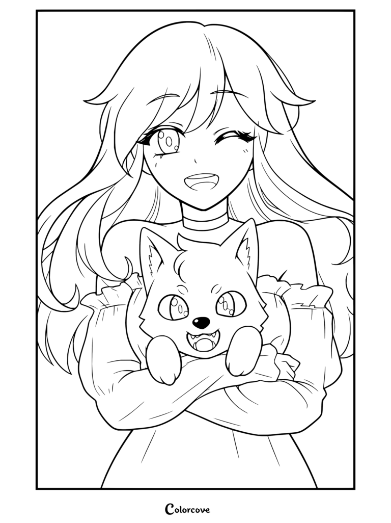 Coloriage Aphmau aux longs cheveux violets tenant un adorable chiot loup noir, souriant avec un clin d'œil dans un haut violet à épaules dénudées.