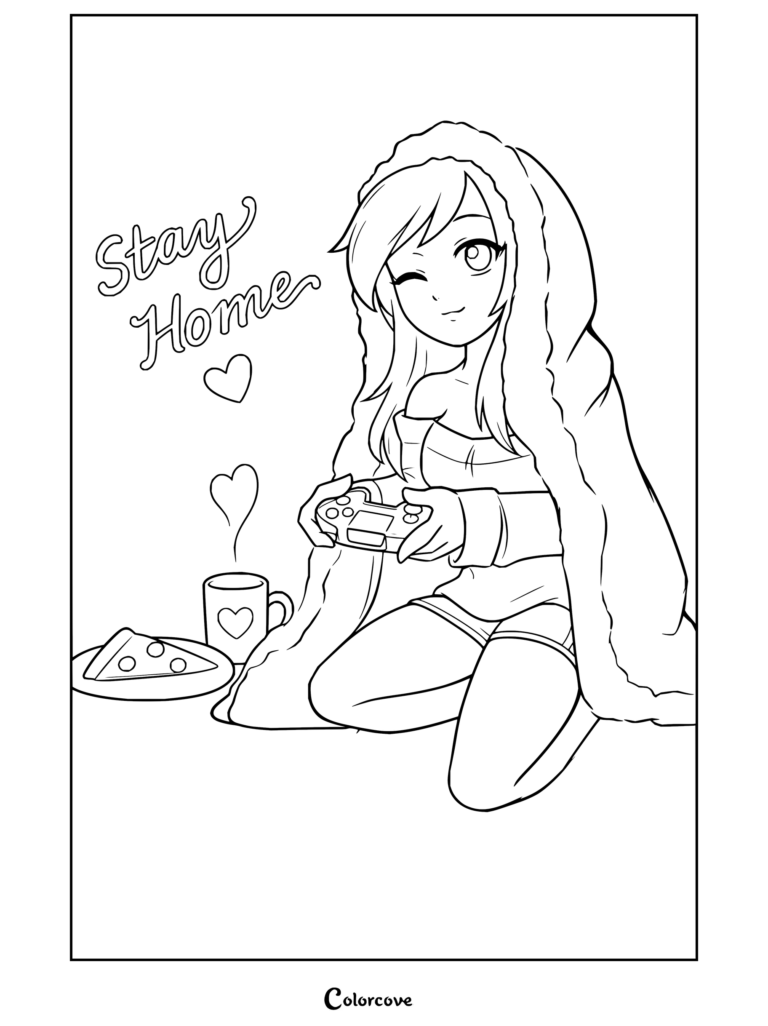 Coloriage d'Aphmau jouant aux jeux vidéo emmitouflée dans une couverture violette avec une pizza et un chocolat chaud.