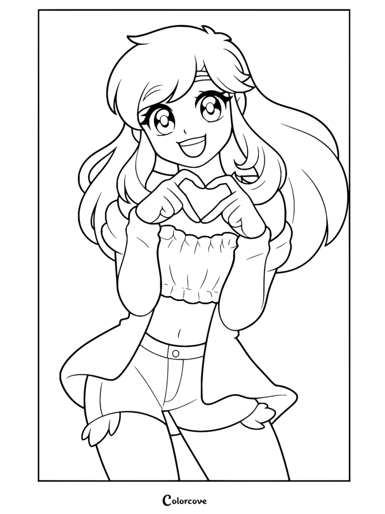 Coloriage Aphmau avec une fille anime aux cheveux violets formant un cœur avec ses mains et souriant dans une tenue lavande.