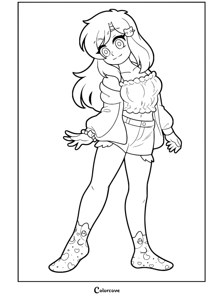 Coloriage d'Aphmau montrant Aphmau debout avec une veste violette, un crop top blanc, un short bleu et des chaussettes à motifs de chats