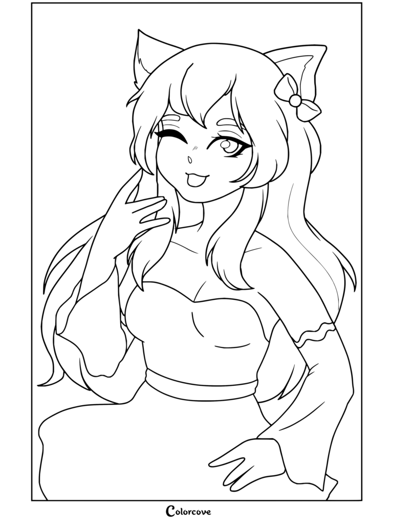 Coloriage à imprimer de Kawaii~Chan avec des oreilles de chat, un joli nœud et un clin d'œil malicieux en robe.