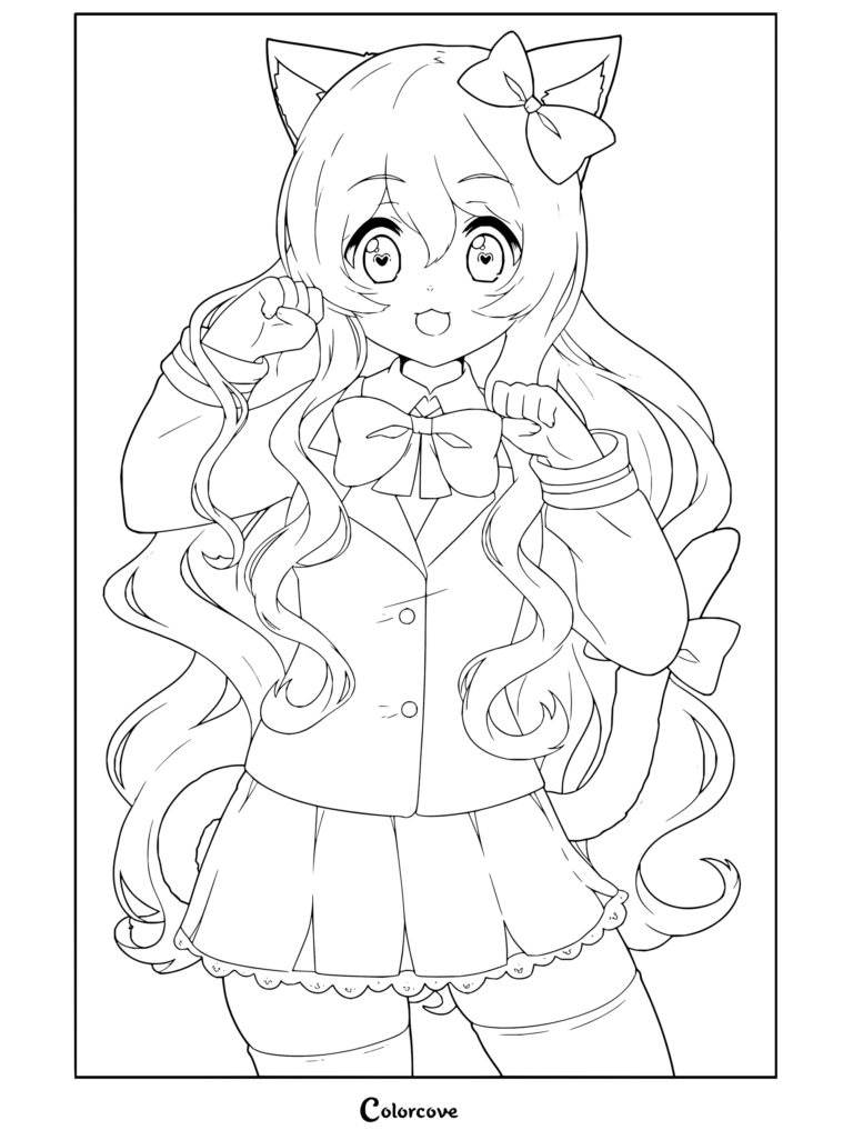 Coloriage de Kawaii~Chan mettant en scène un personnage anime aux oreilles de chat avec un nœud dans les cheveux faisant des poses de pattes.