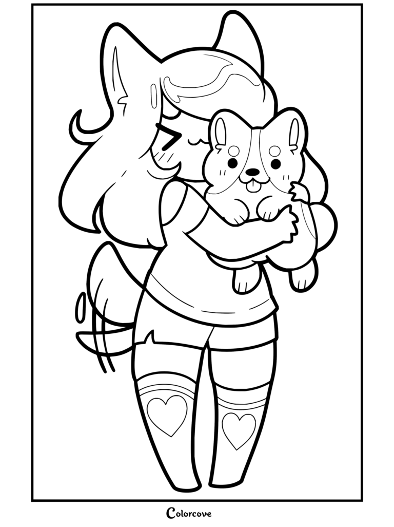 Coloriage d'Aphmau représentant le personnage tenant joyeusement un adorable chiot corgi.
