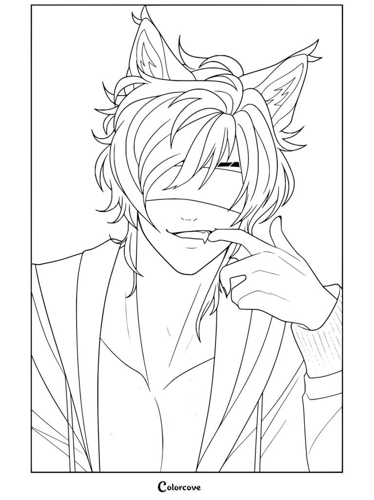 Coloriage gratuit à imprimer d'Aaron Lycan d'Aphmau, représentant le personnage avec de douces oreilles de chat et un air espiègle, se mordillant le doigt.